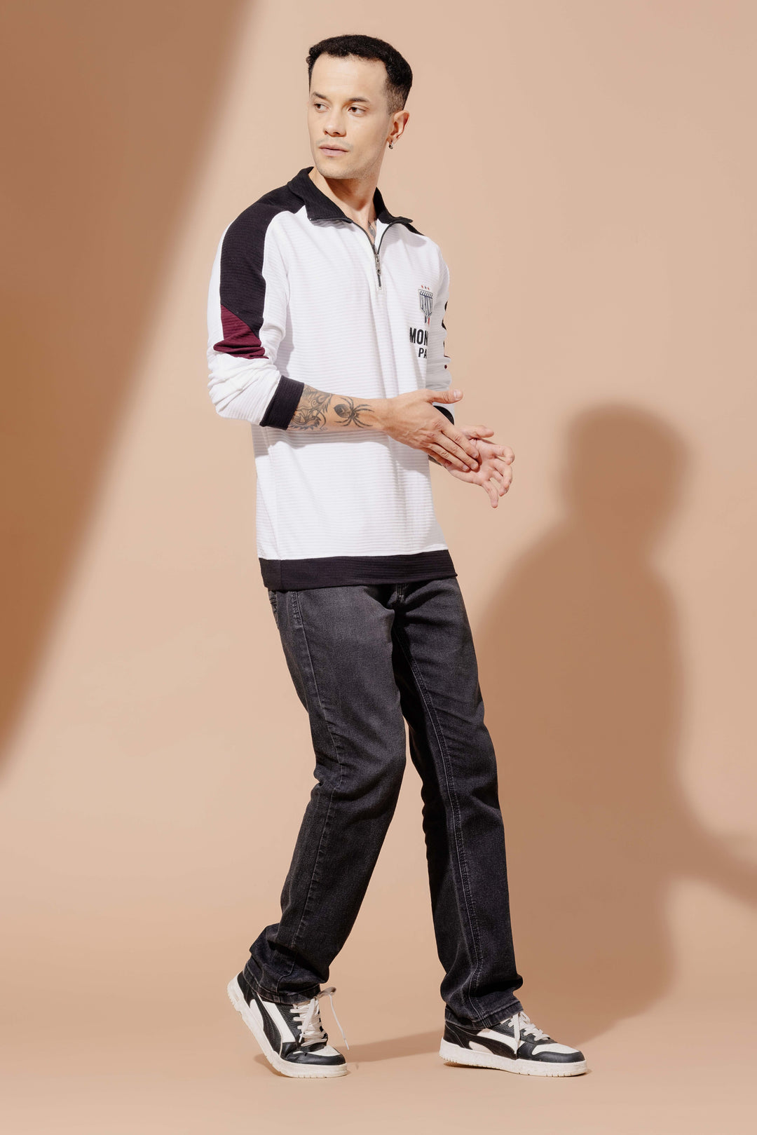 White Cotton full sleeve Printed Zipper T-Shirt