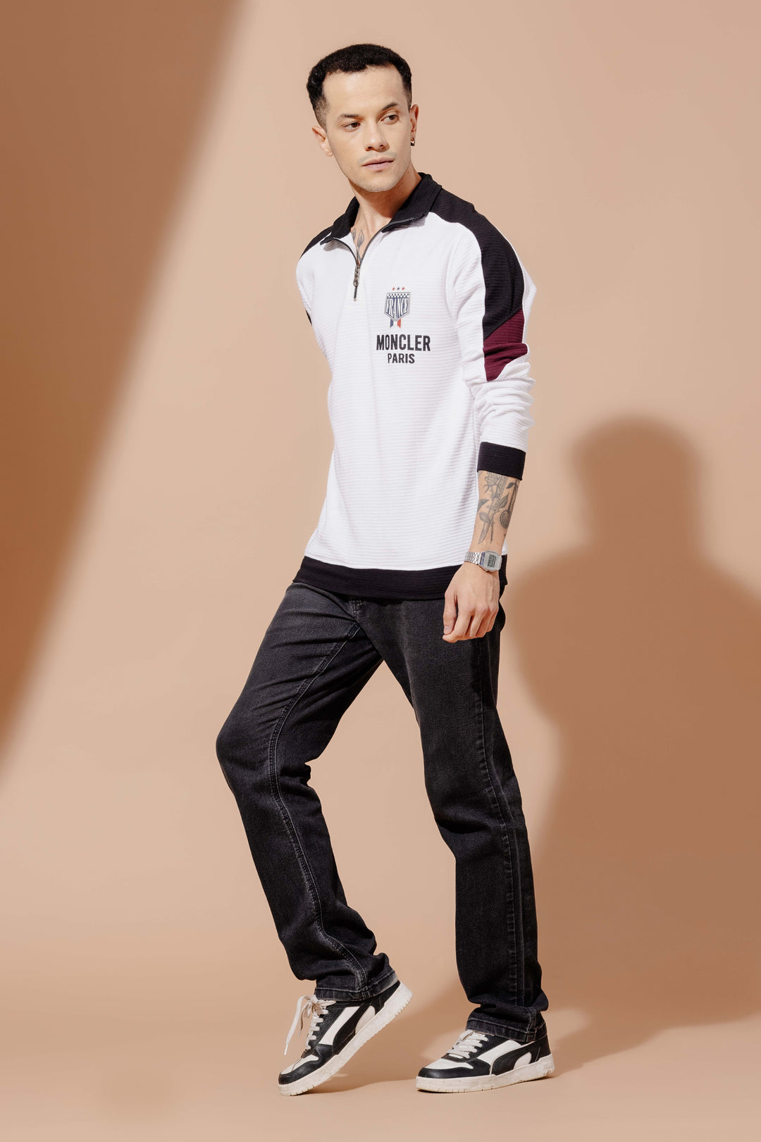 White Cotton full sleeve Printed Zipper T-Shirt