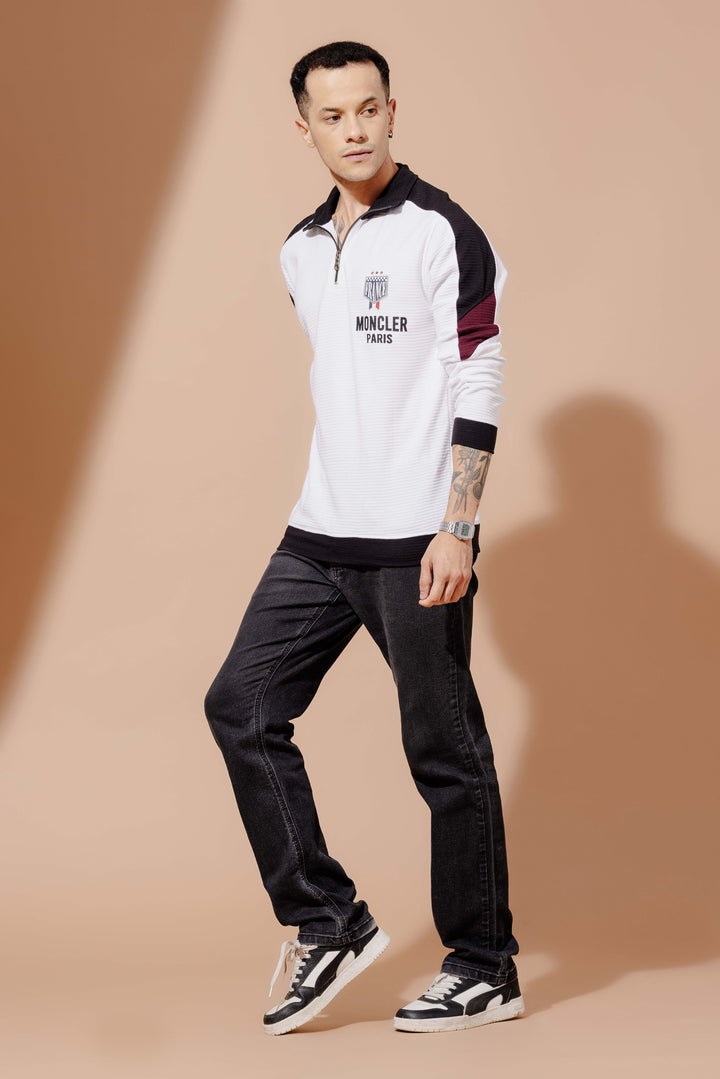 White Cotton full sleeve Printed Zipper T-Shirt