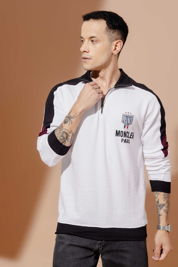 White Cotton full sleeve Printed Zipper T-Shirt
