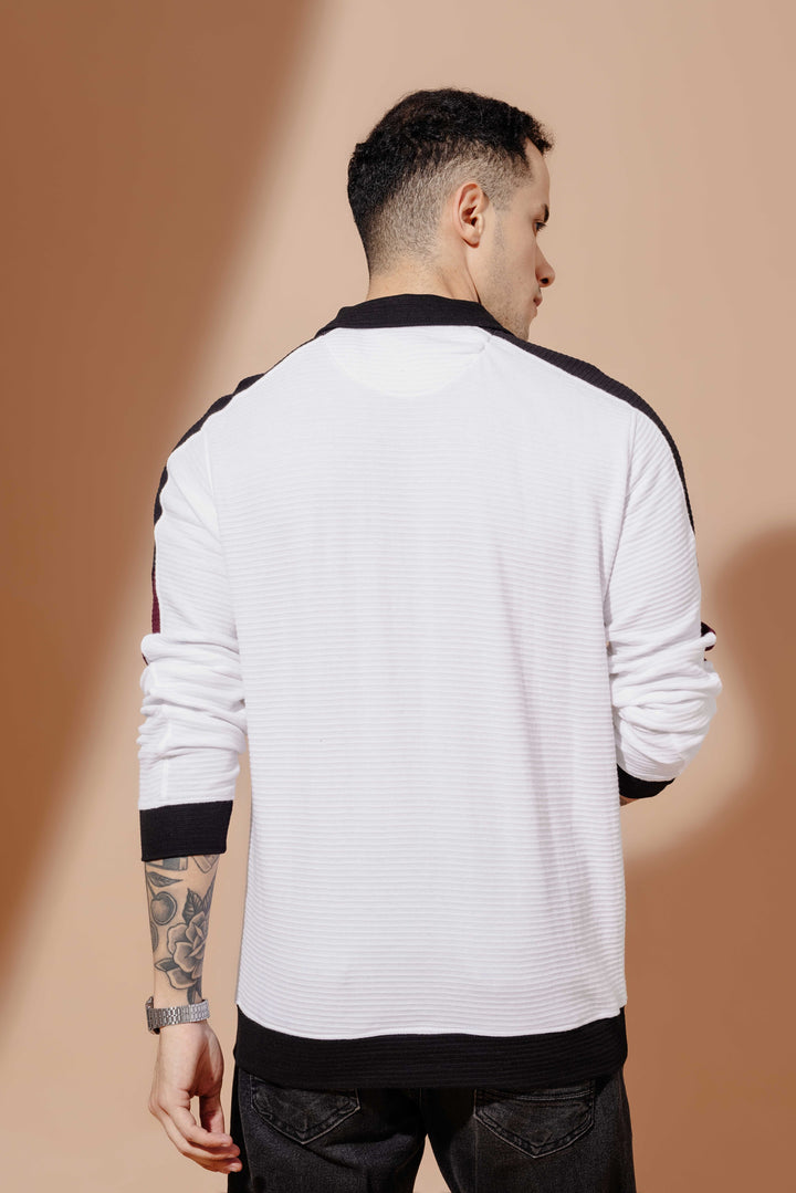White Cotton full sleeve Printed Zipper T-Shirt