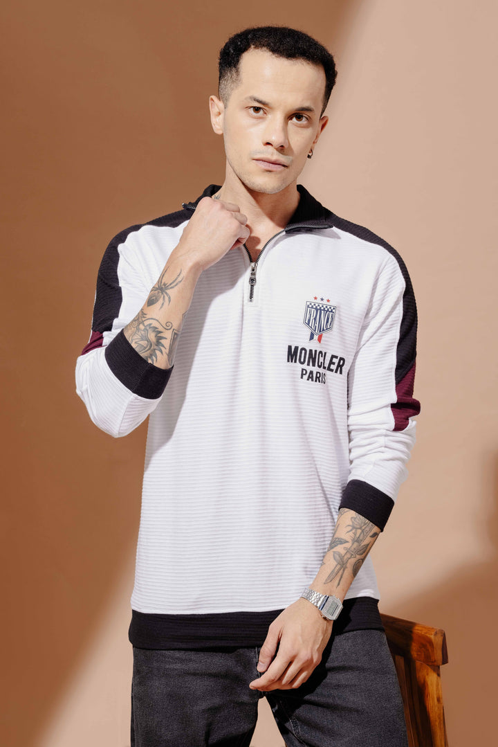 White Cotton full sleeve Printed Zipper T-Shirt