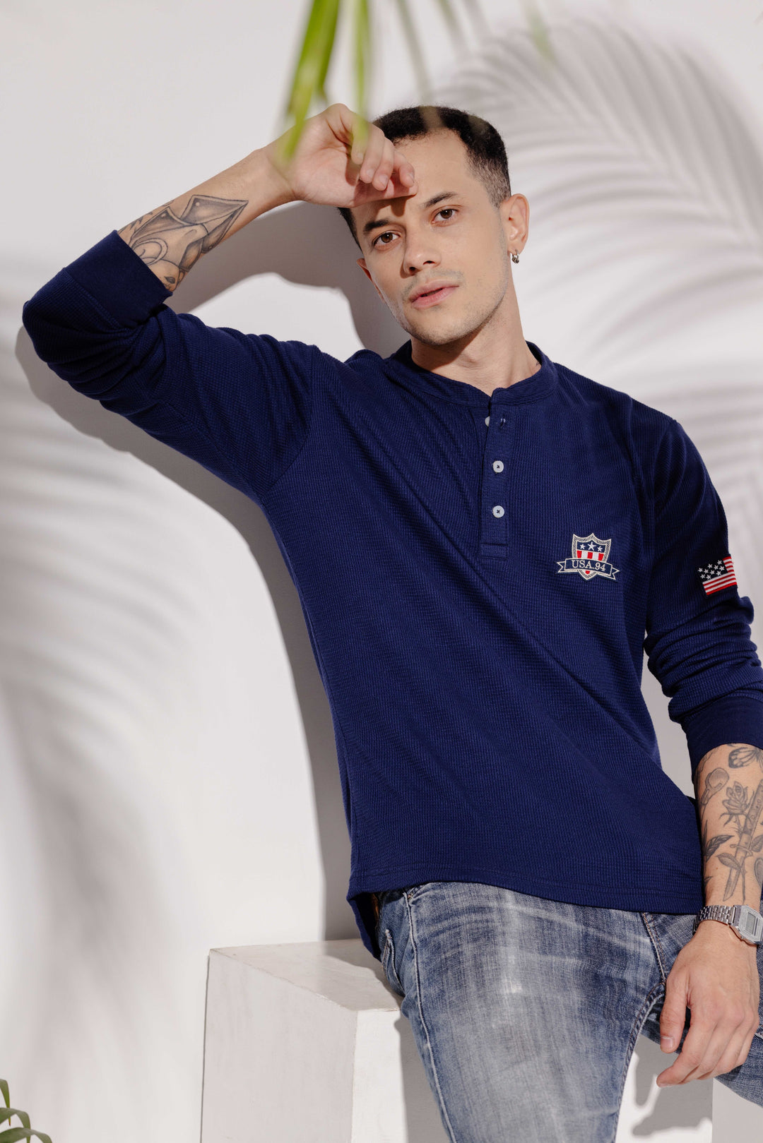 Navy Self Design Waffle Henley T-Shirt