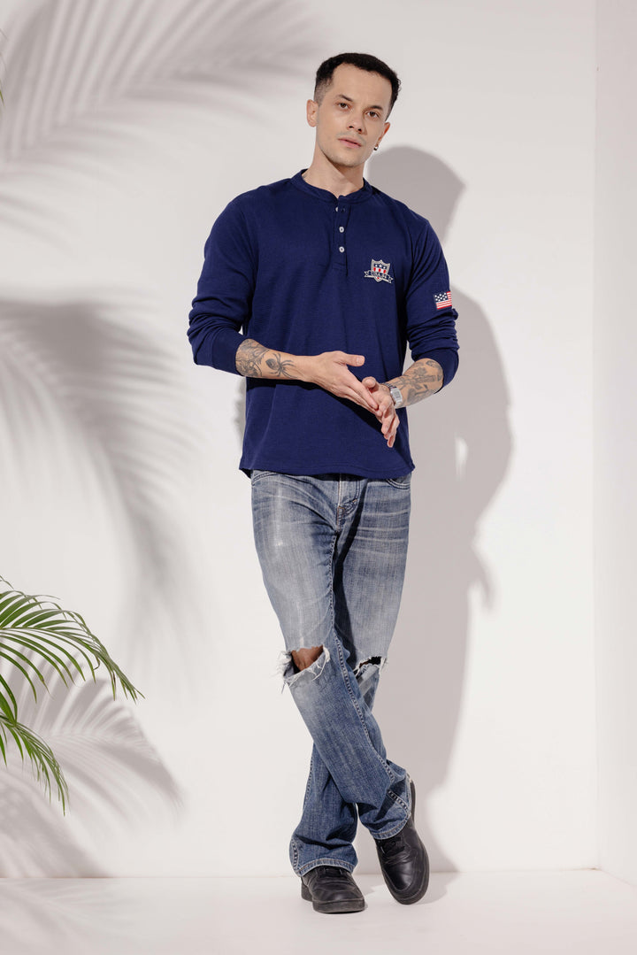 Navy Self Design Waffle Henley T-Shirt