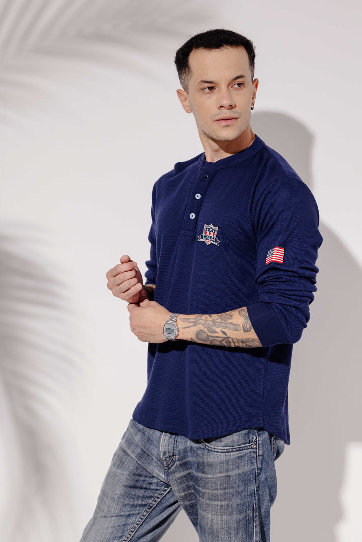 Navy Self Design Waffle Henley T-Shirt