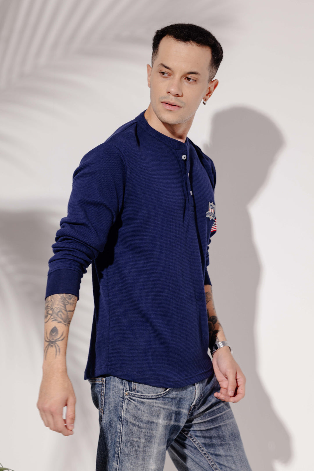 Navy Self Design Waffle Henley T-Shirt