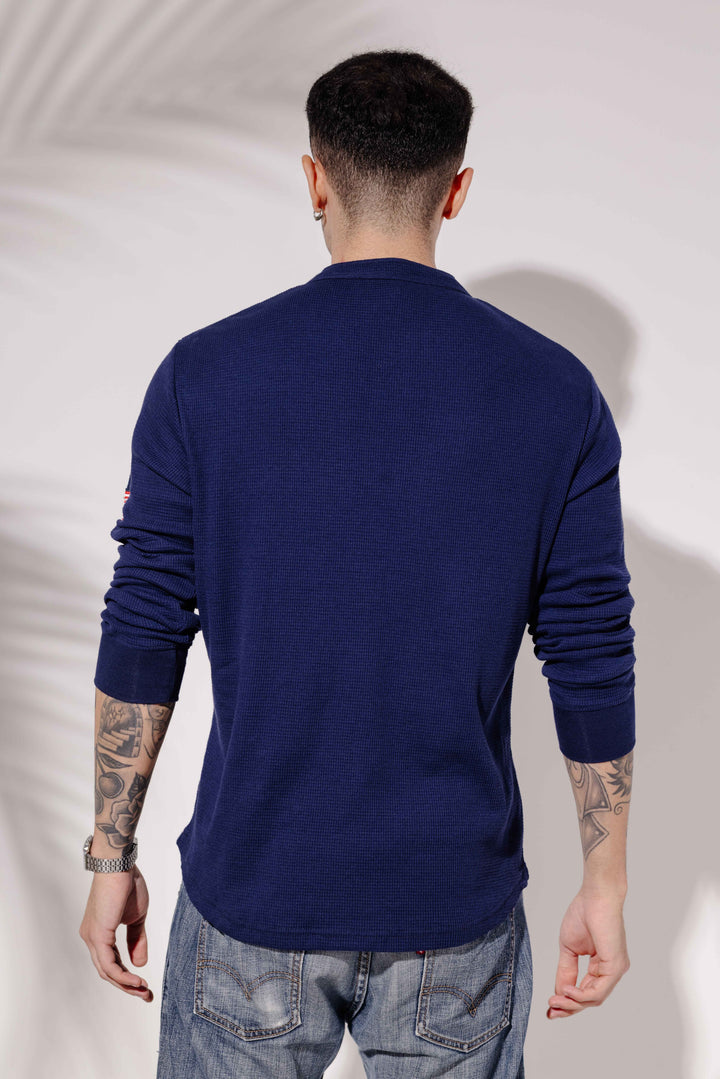 Navy Self Design Waffle Henley T-Shirt