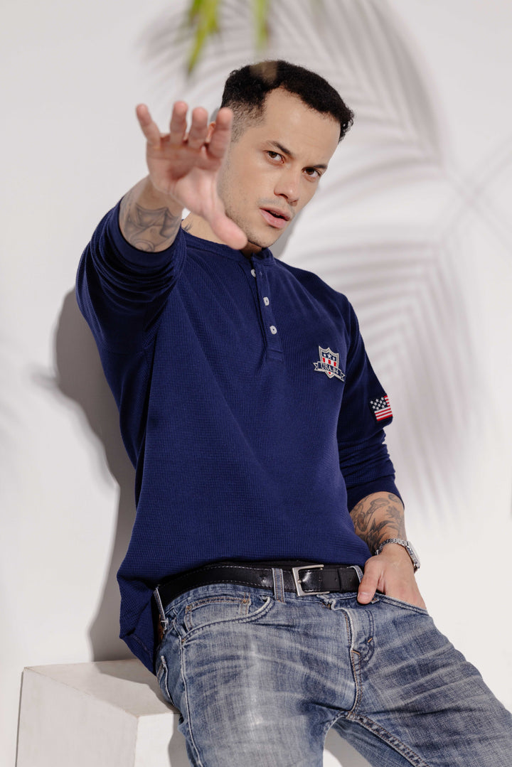 Navy Self Design Waffle Henley T-Shirt
