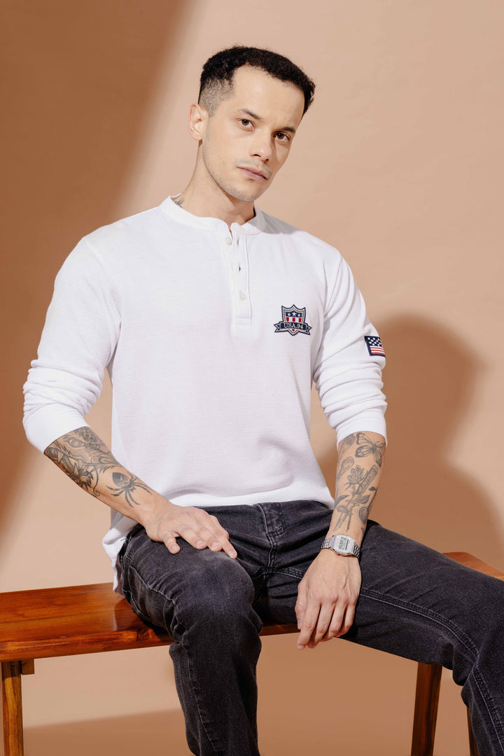 White Self Design Waffle Henley T-Shirt