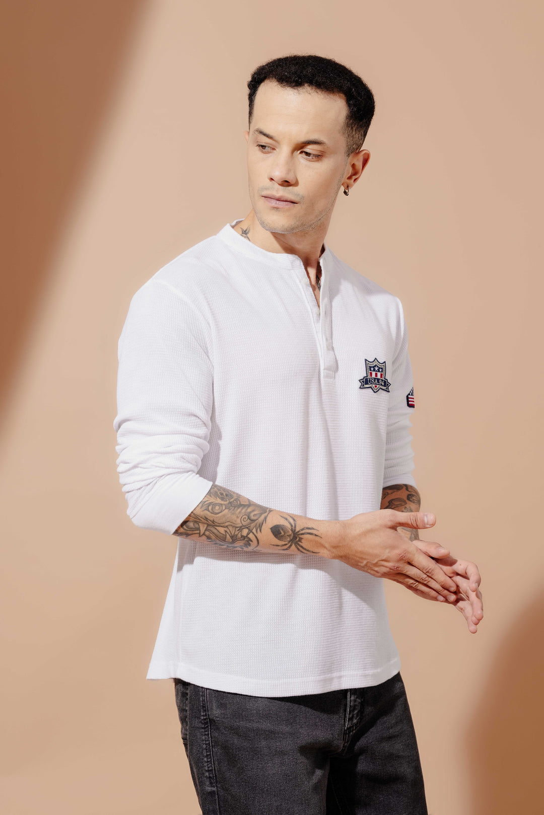 White Self Design Waffle Henley T-Shirt