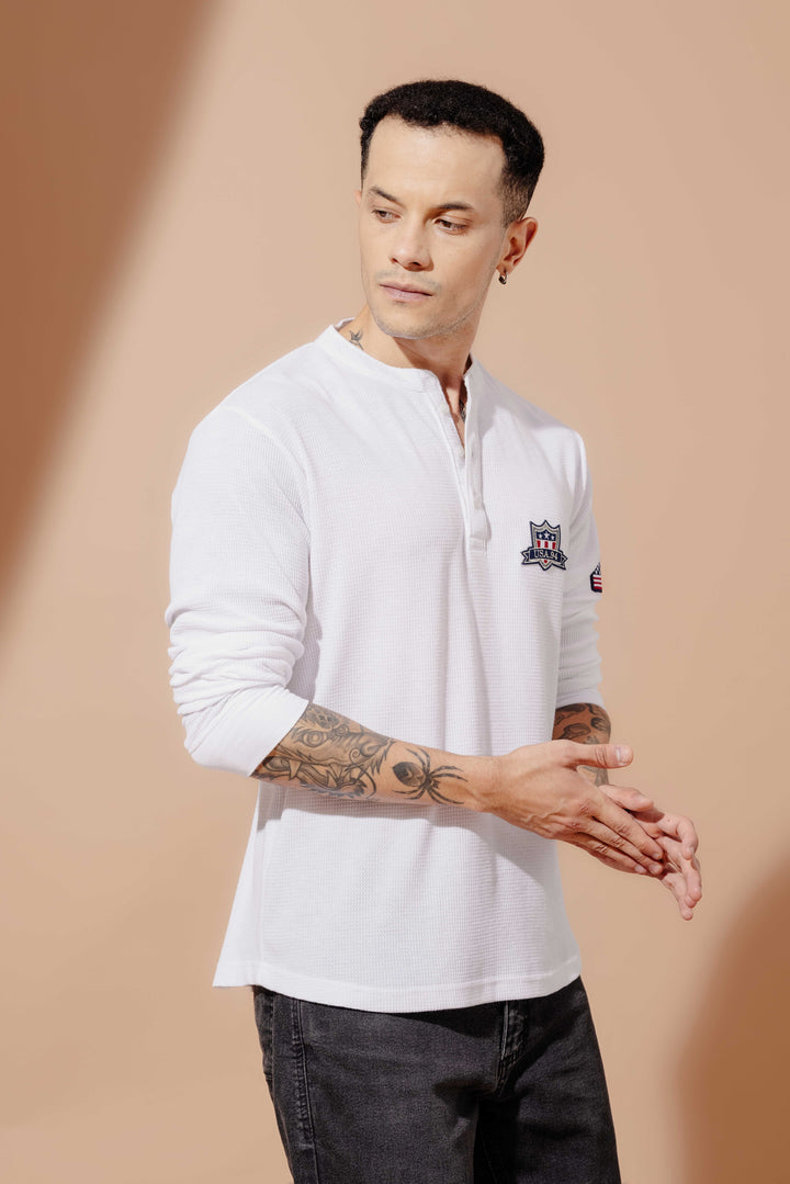 White Self Design Waffle Henley T-Shirt
