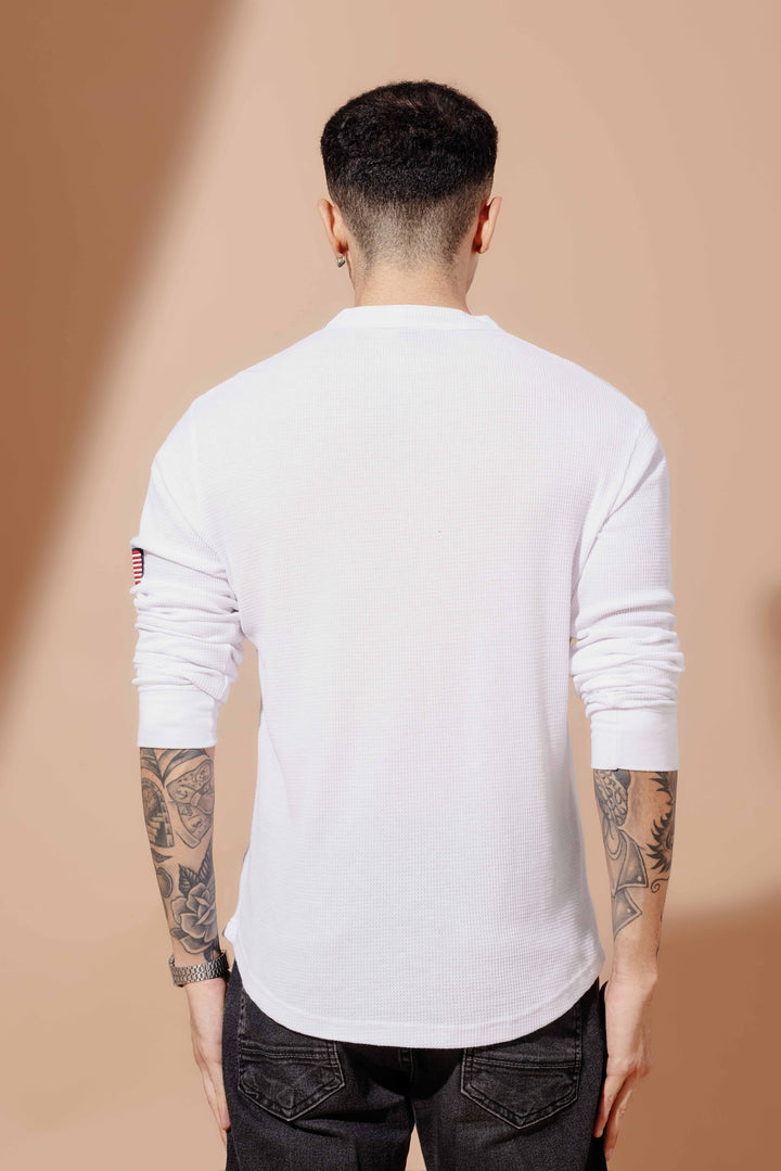 White Self Design Waffle Henley T-Shirt