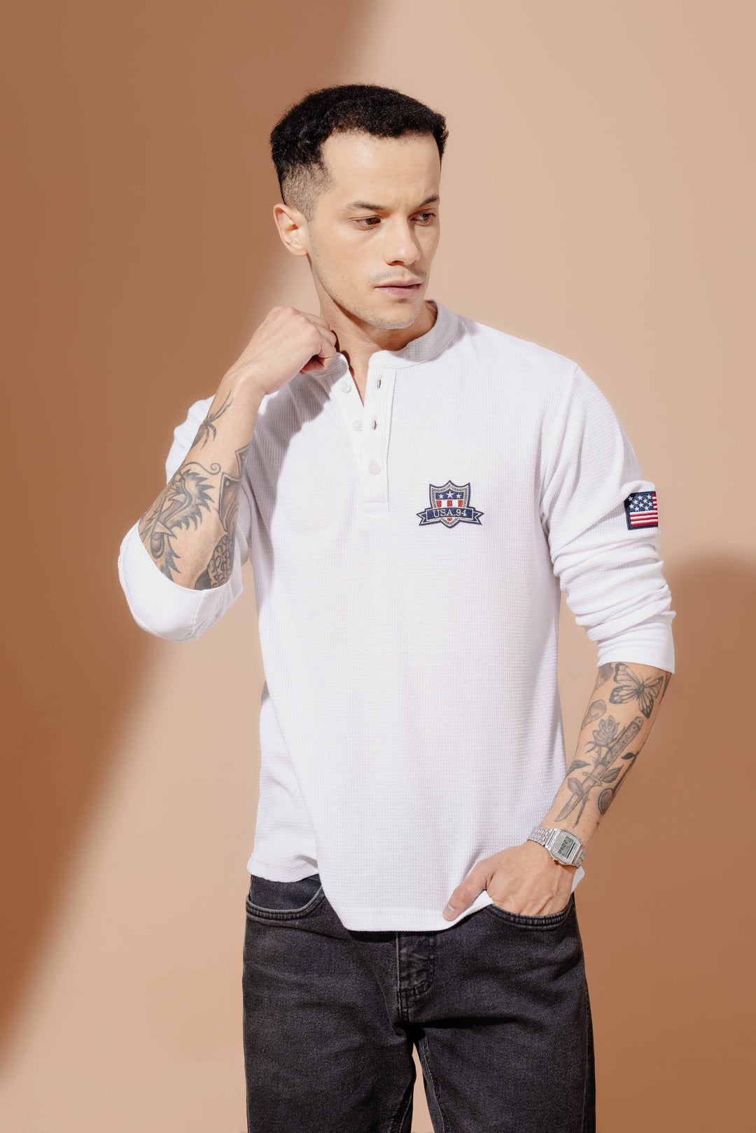White Self Design Waffle Henley T-Shirt