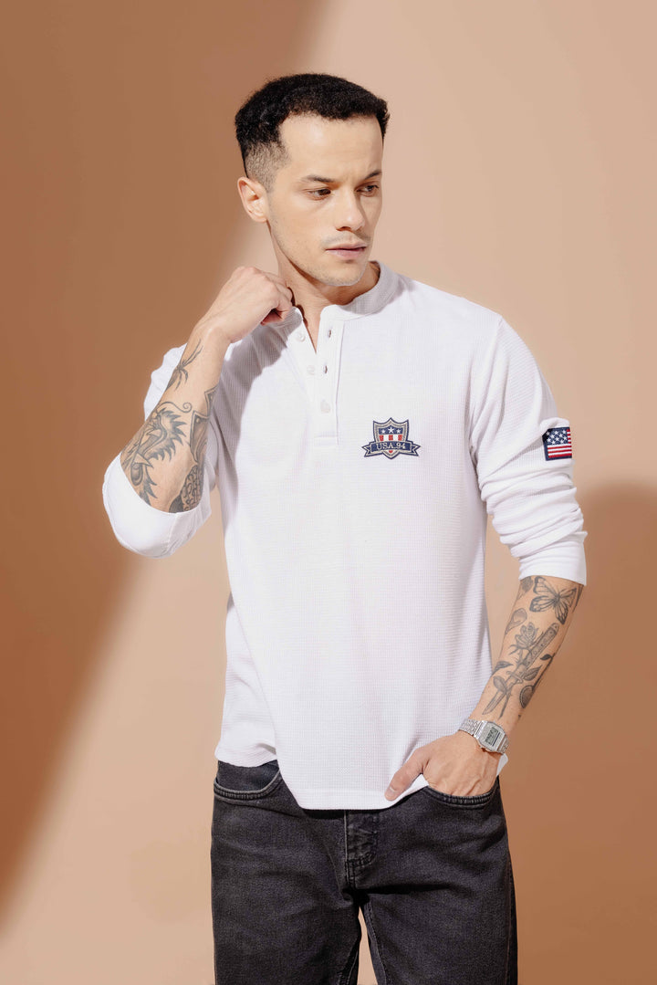 White Self Design Waffle Henley T-Shirt