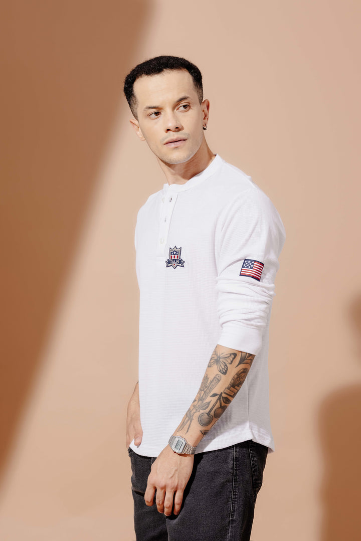White Self Design Waffle Henley T-Shirt