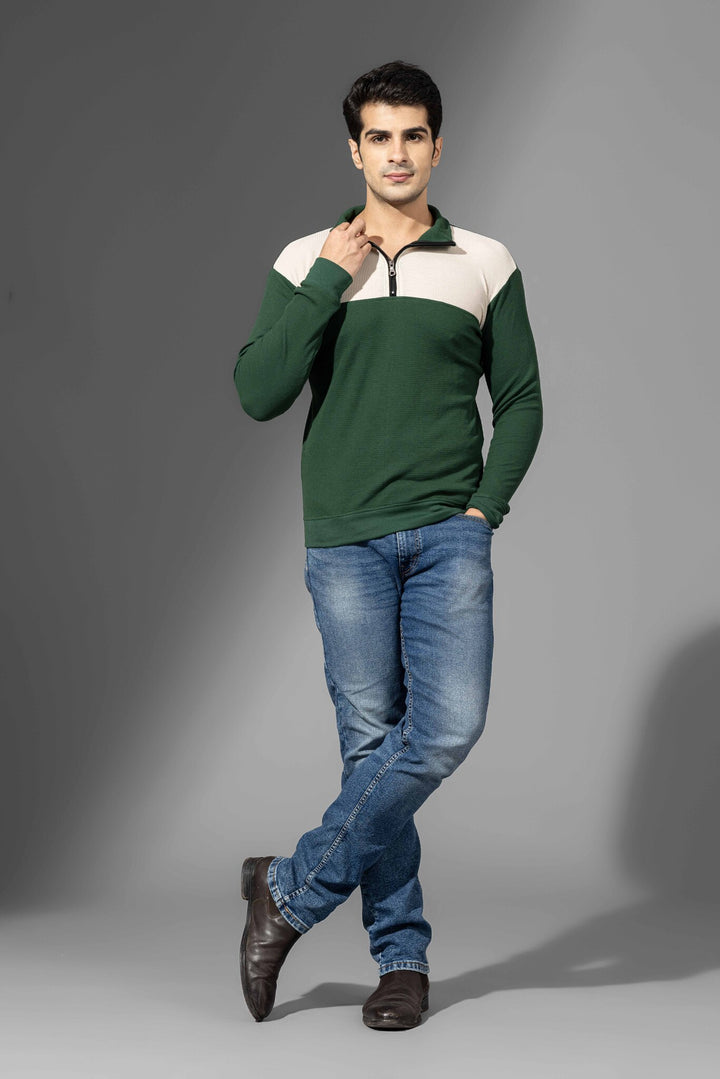 Cream Green Self Design Zipper T-Shirt