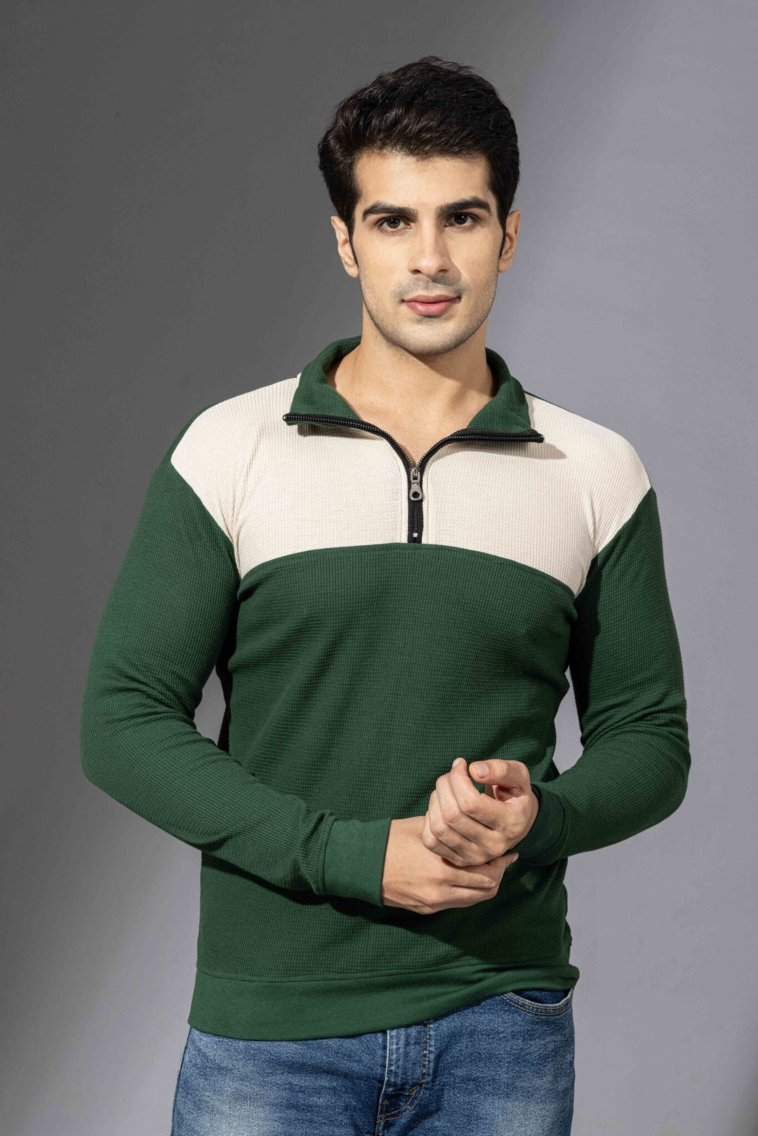 Cream Green Self Design Zipper T-Shirt