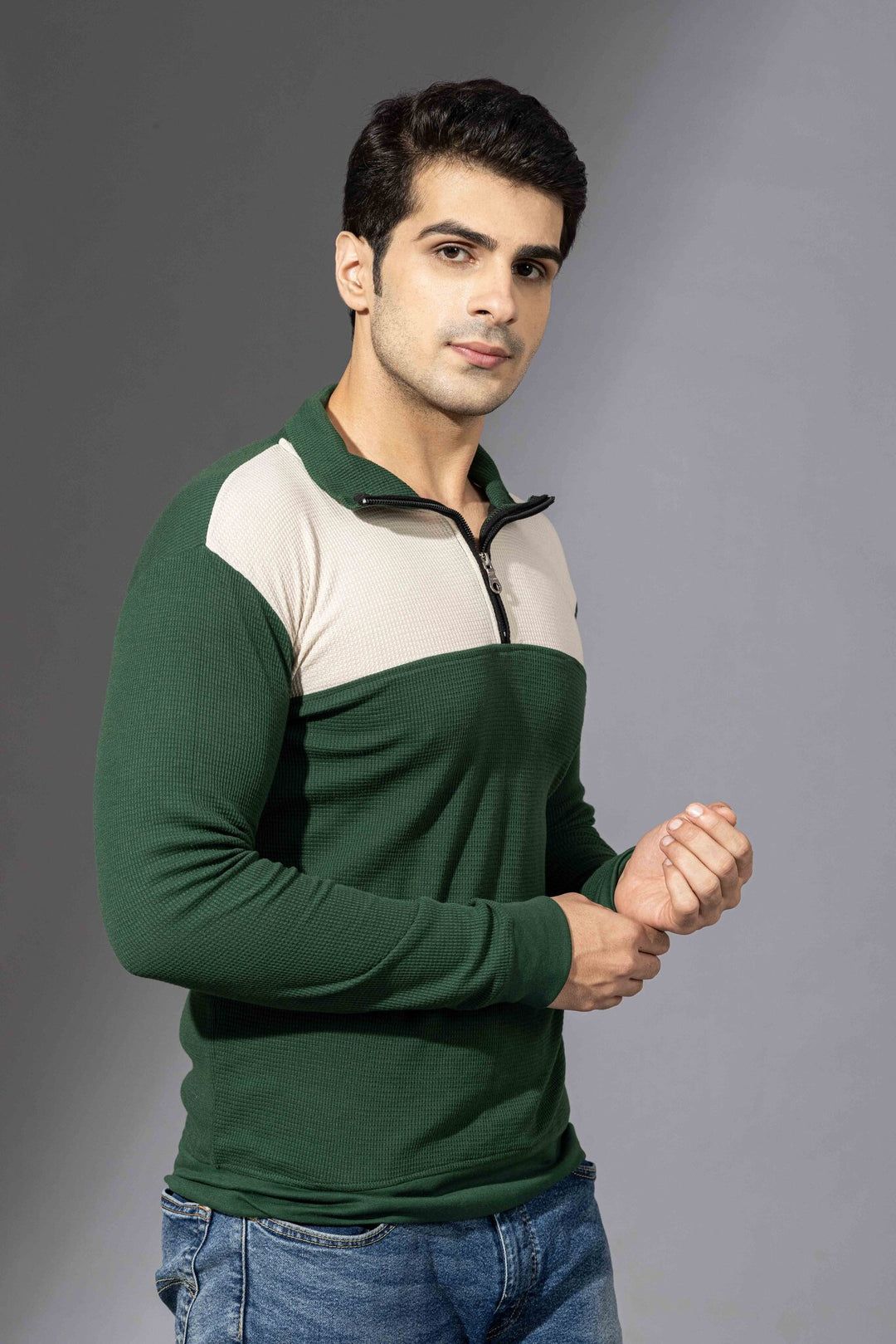 Cream Green Self Design Zipper T-Shirt