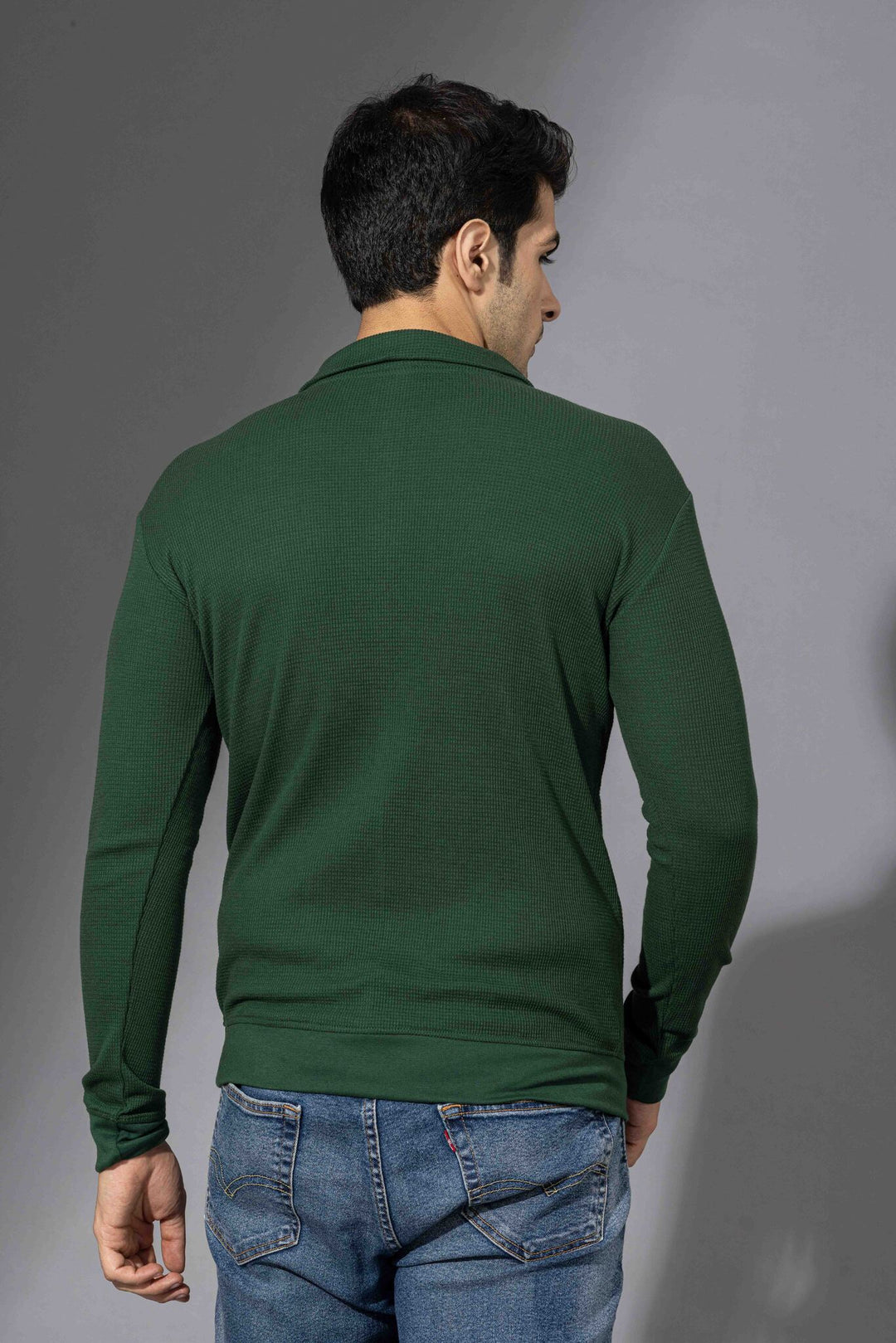 Cream Green Self Design Zipper T-Shirt
