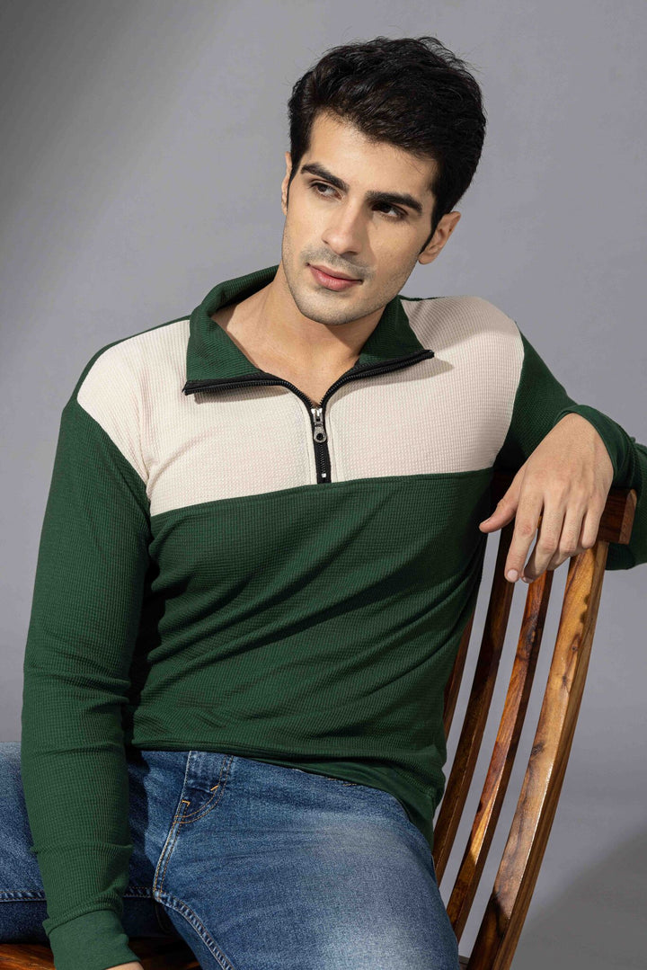Cream Green Self Design Zipper T-Shirt