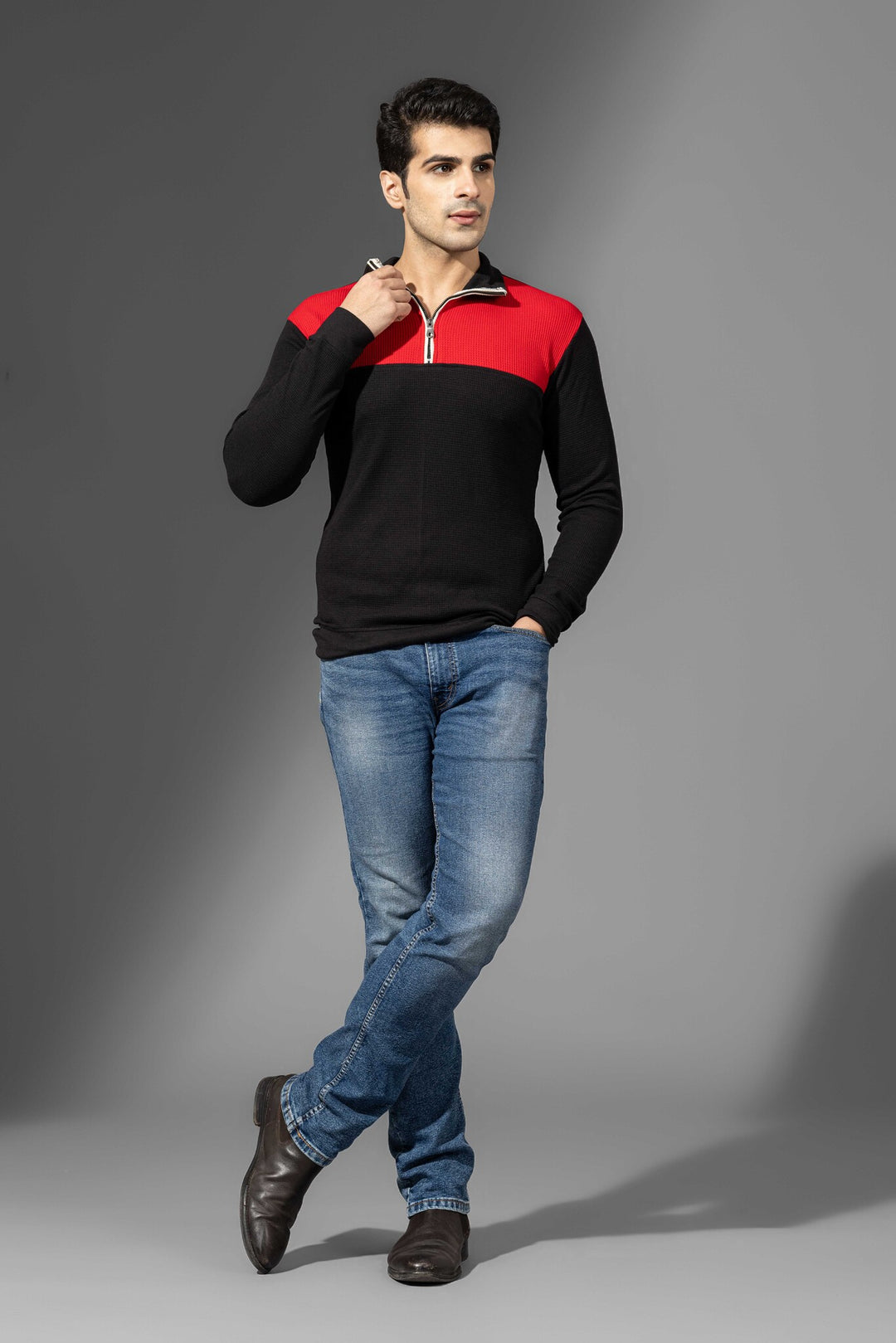 Red Black Self Design Zipper T-Shirt