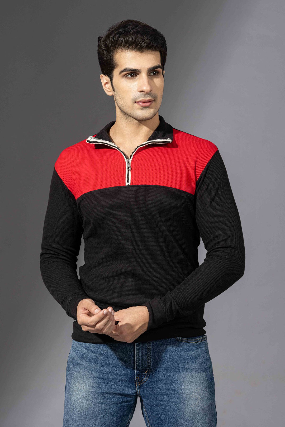Red Black Self Design Zipper T-Shirt