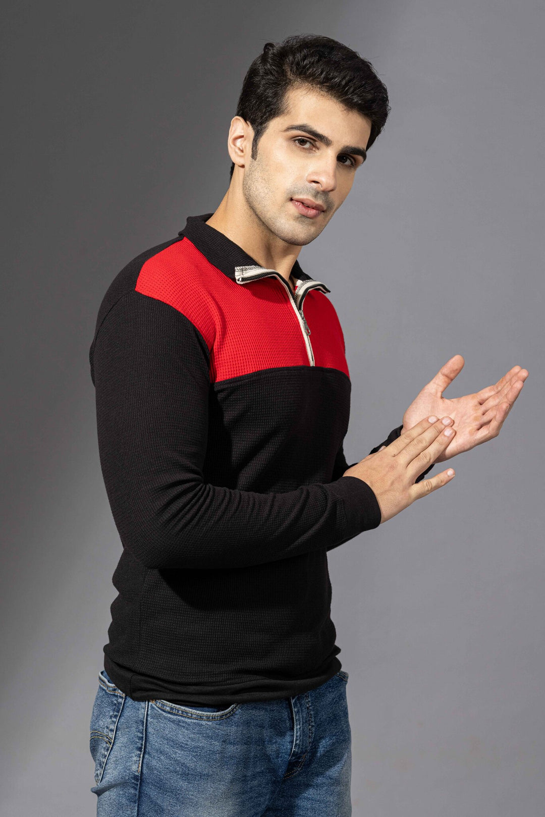 Red Black Self Design Zipper T-Shirt
