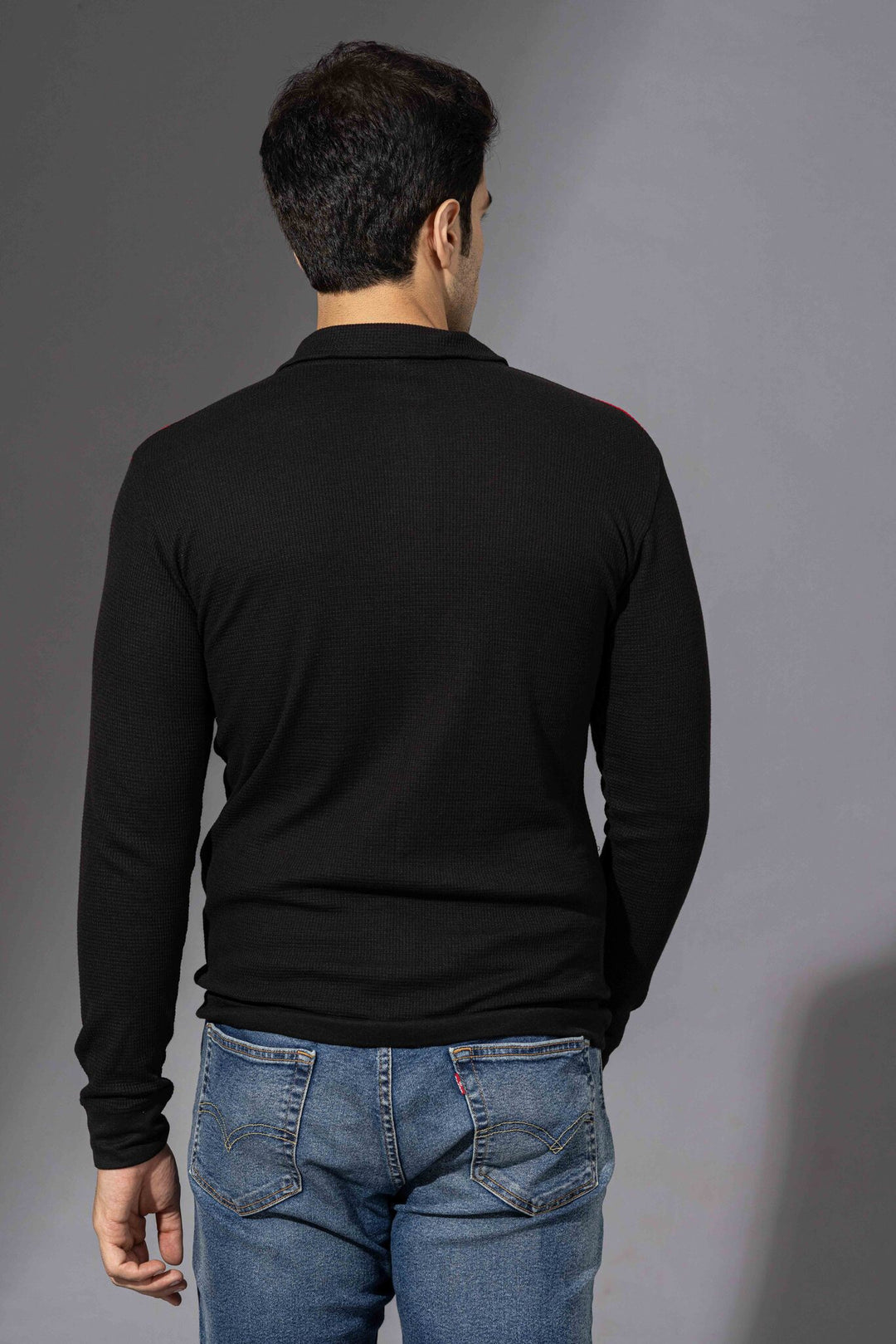 Red Black Self Design Zipper T-Shirt