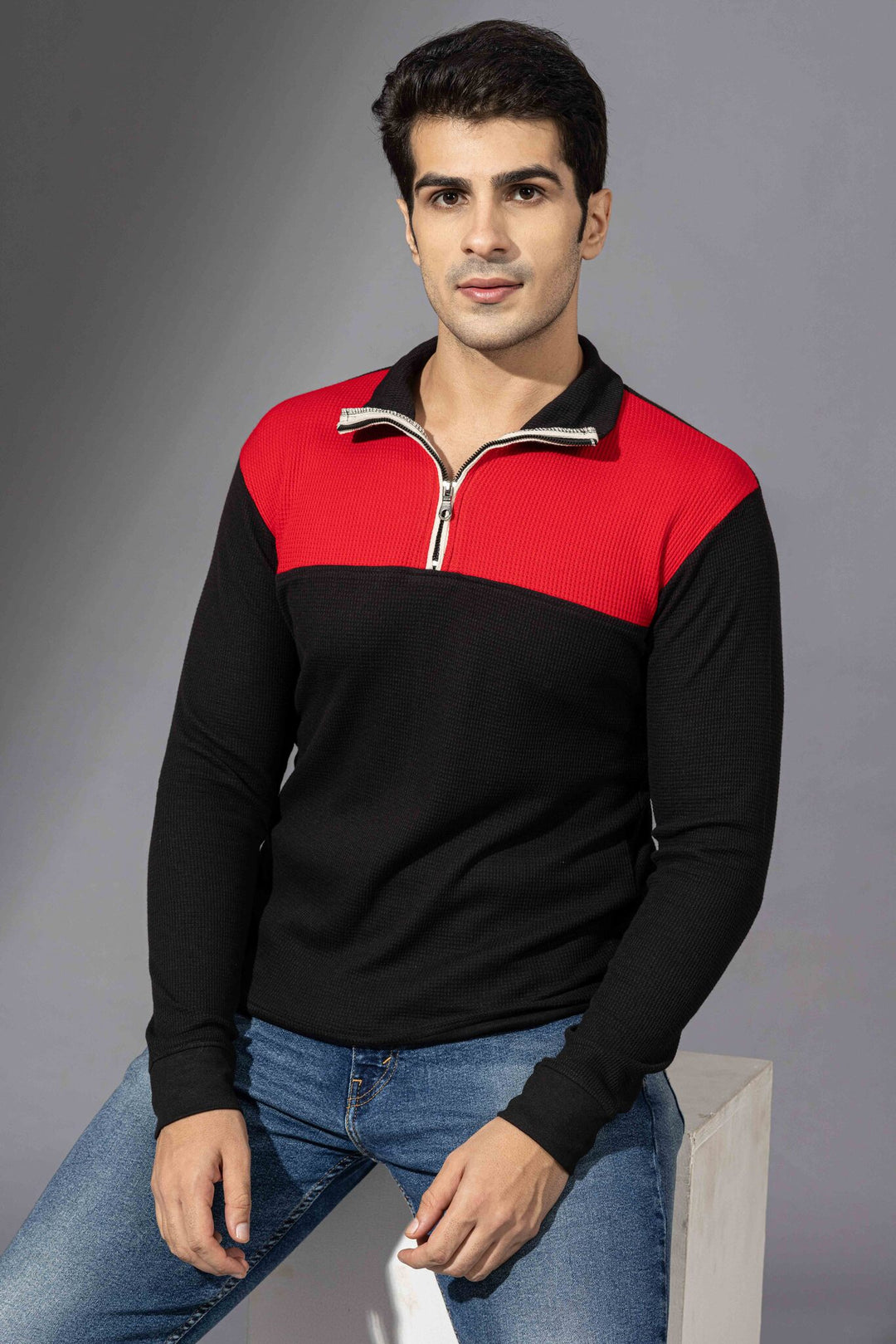 Red Black Self Design Zipper T-Shirt