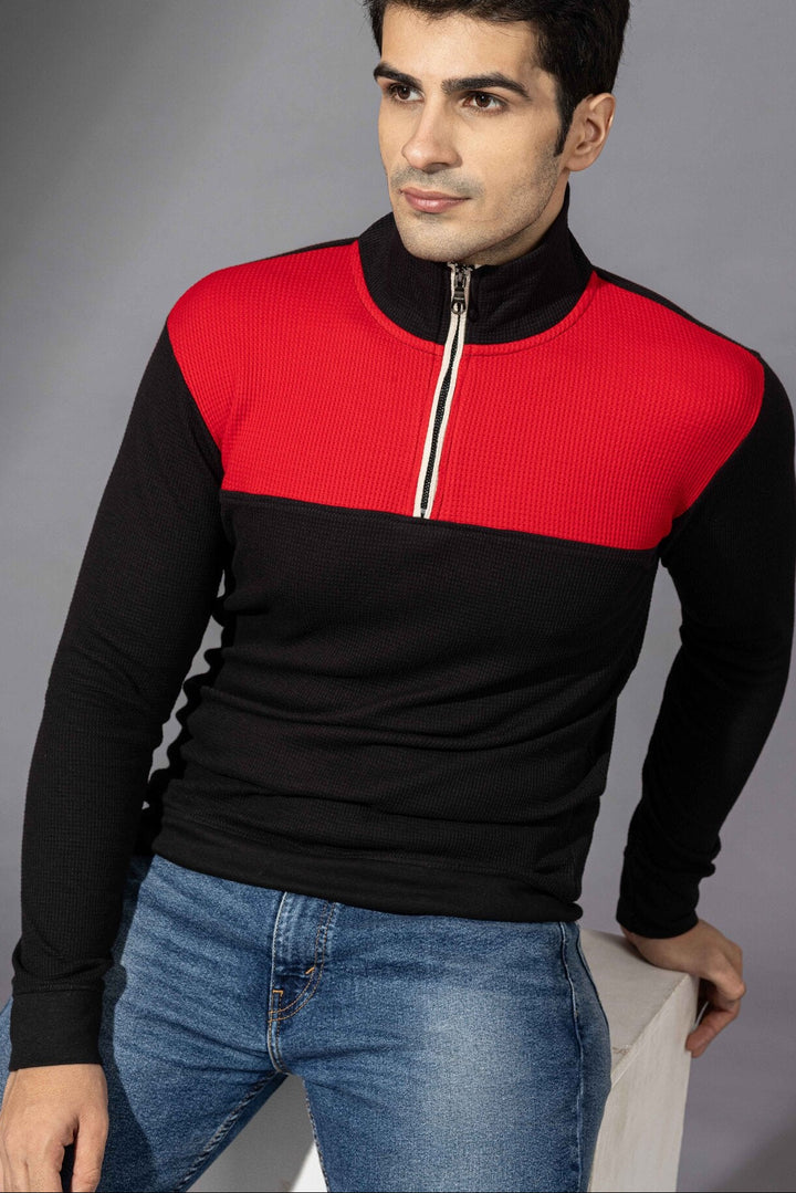 Red Black Self Design Zipper T-Shirt