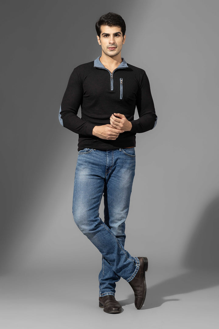 Blue Self Design Zipper T-Shirt