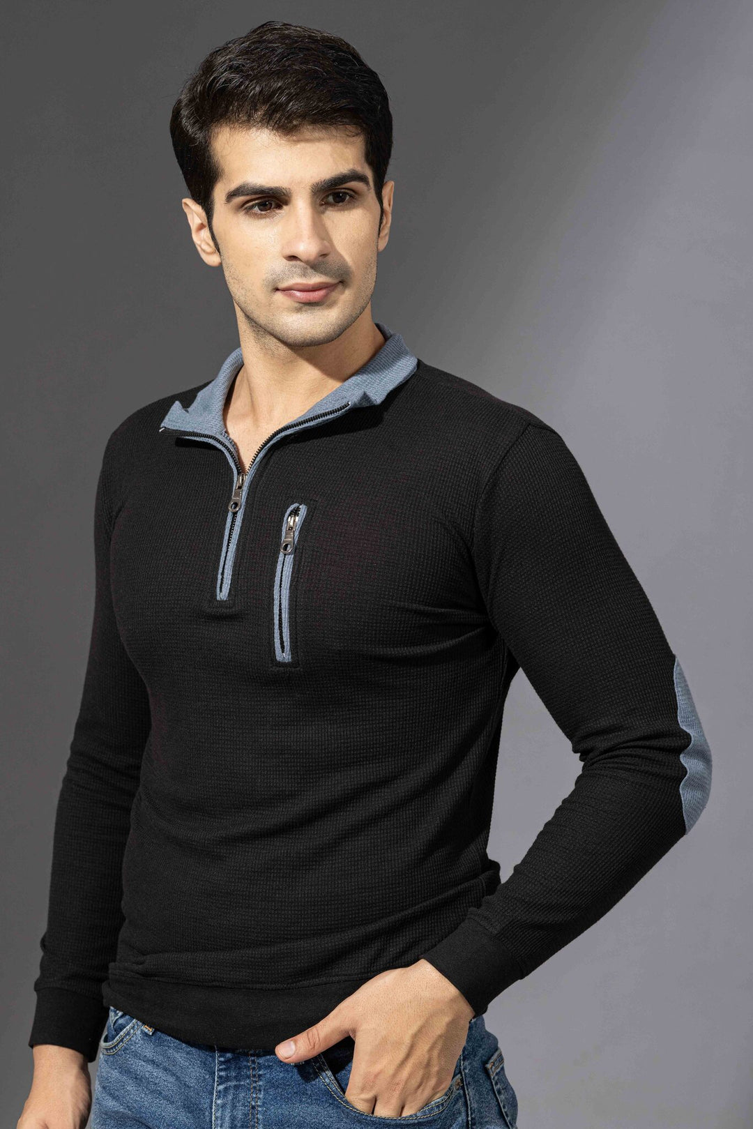 Blue Self Design Zipper T-Shirt