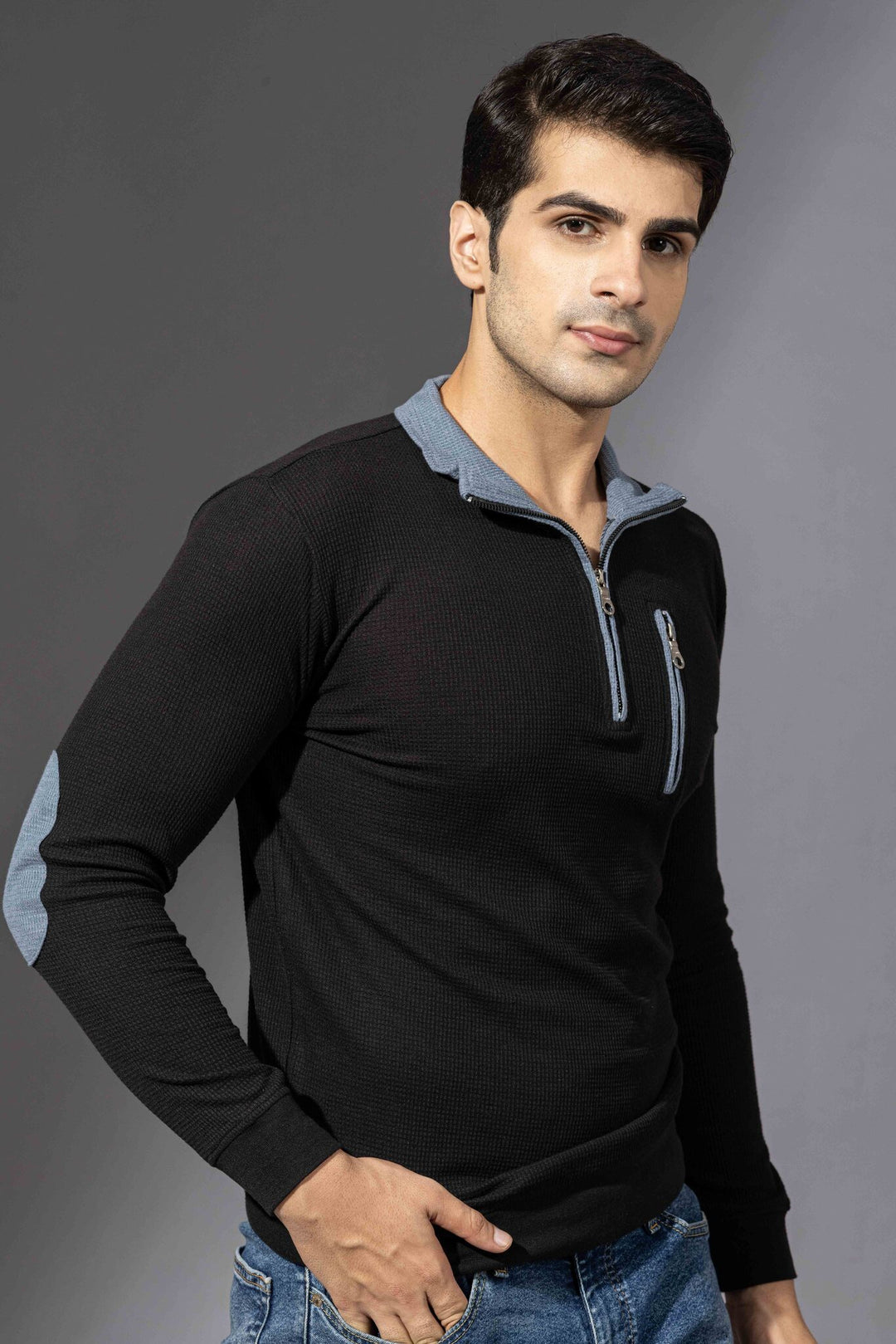 Blue Self Design Zipper T-Shirt