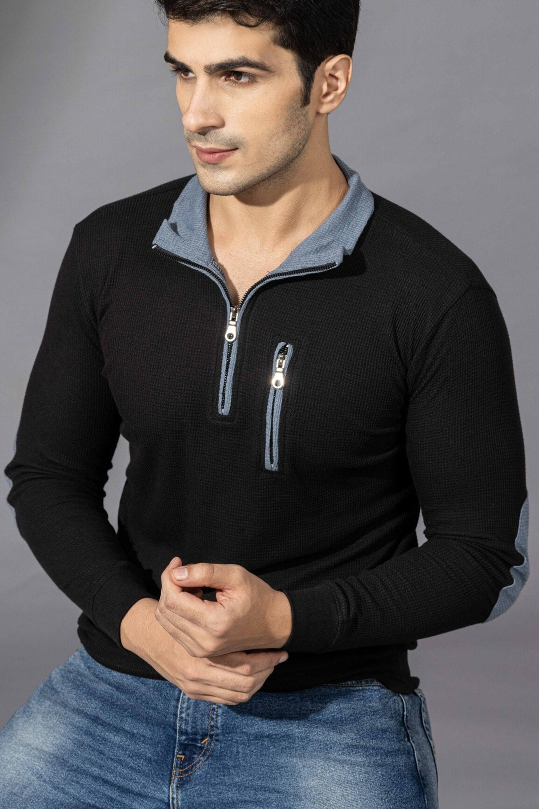 Blue Self Design Zipper T-Shirt