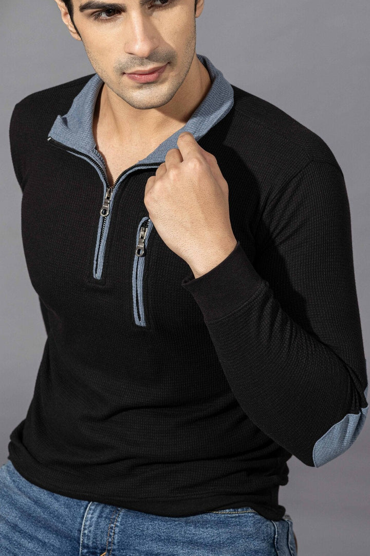 Blue Self Design Zipper T-Shirt
