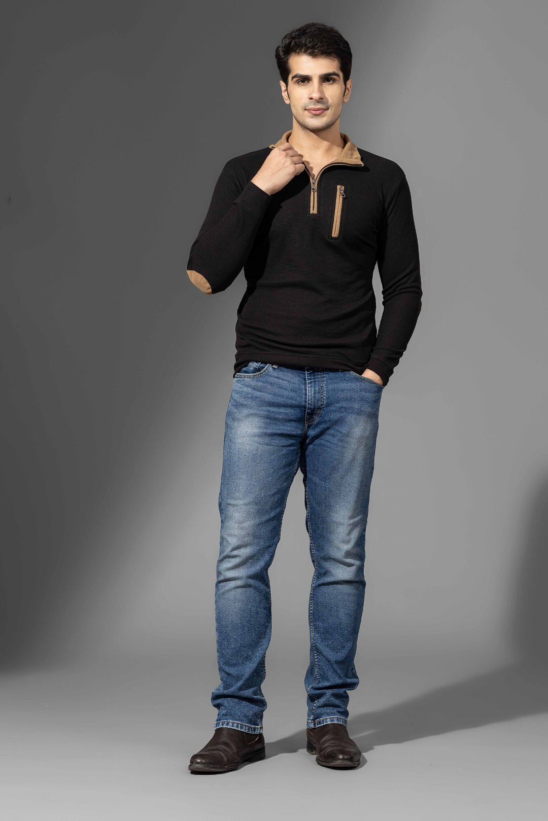Gold Self Design Zipper Collar T-Shirt