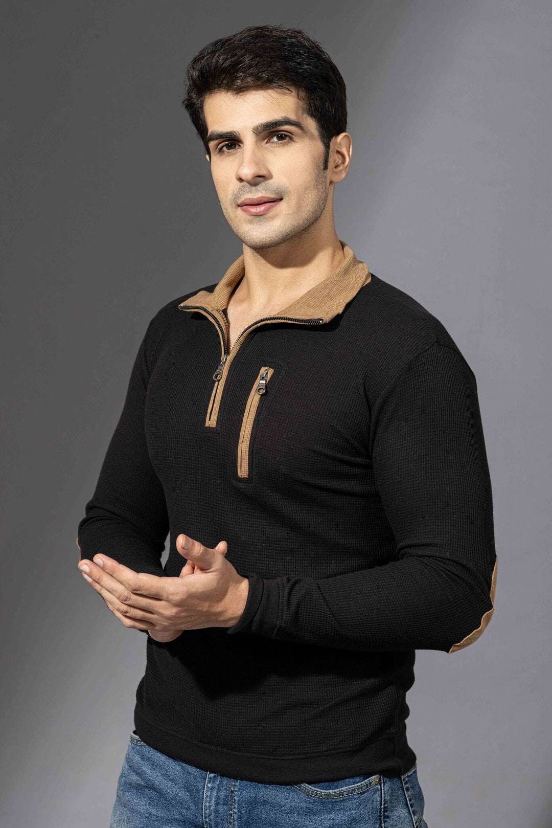 Gold Self Design Zipper Collar T-Shirt