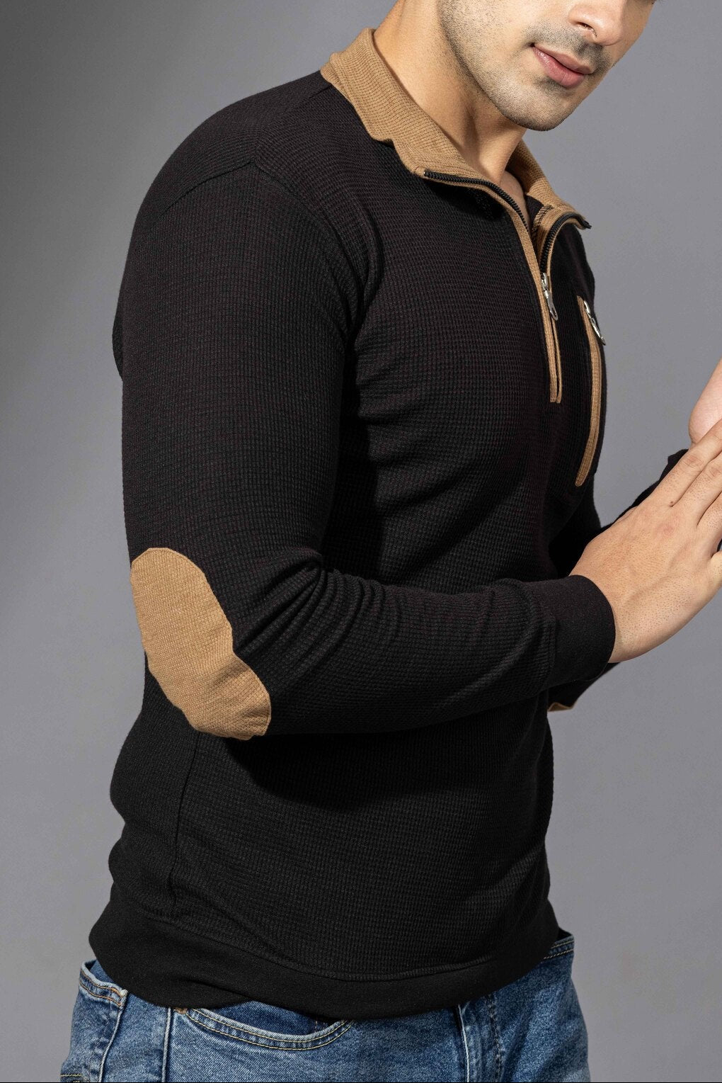 Gold Self Design Zipper Collar T-Shirt
