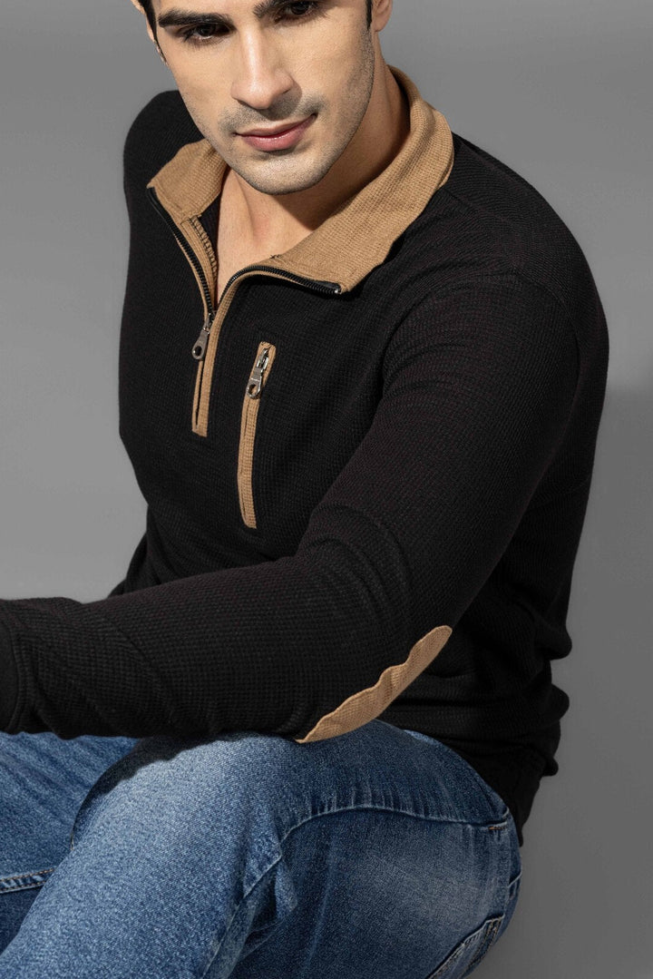 Gold Self Design Zipper Collar T-Shirt