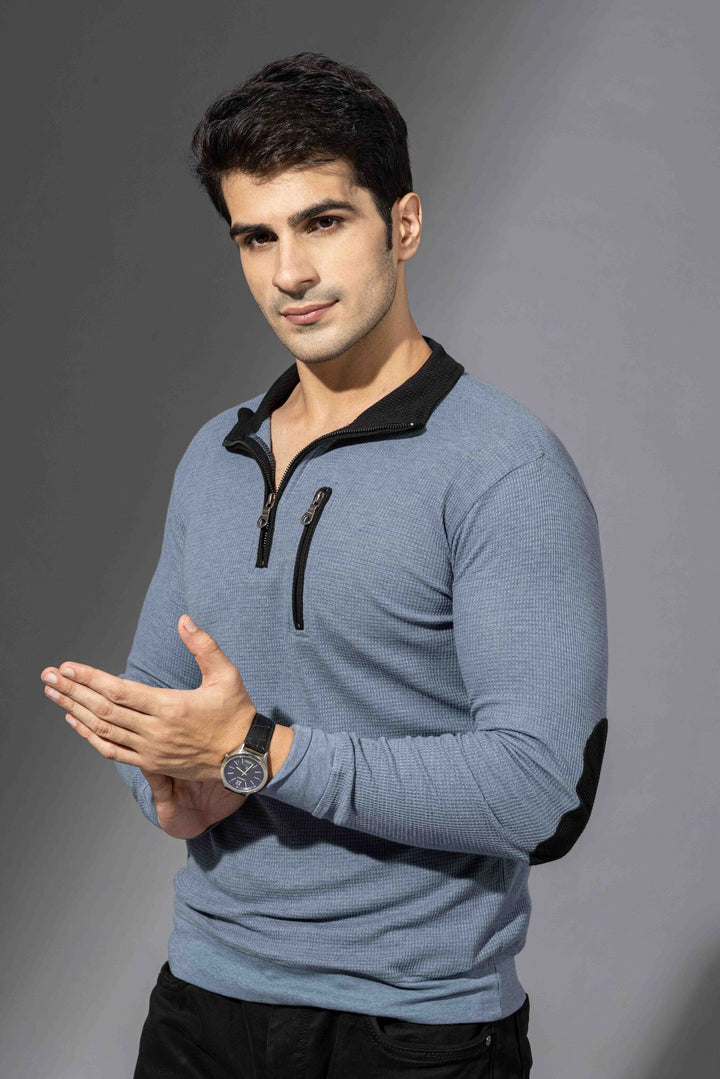 Blue Self Design Zipper Collar T-Shirt