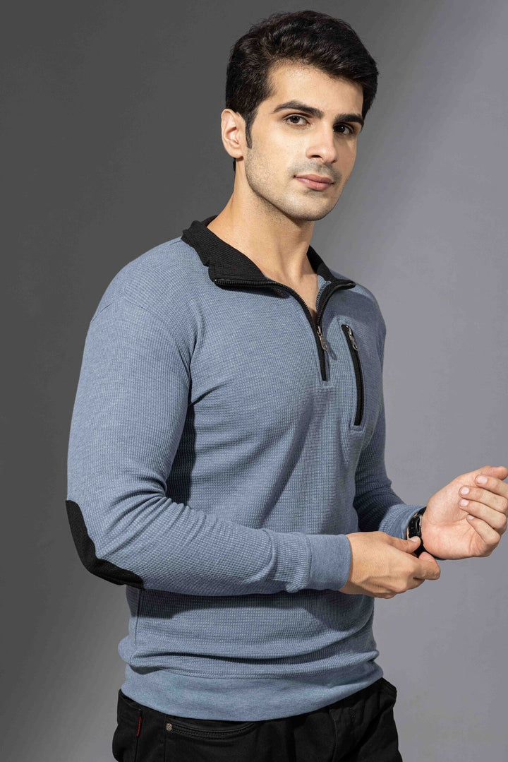 Blue Self Design Zipper Collar T-Shirt