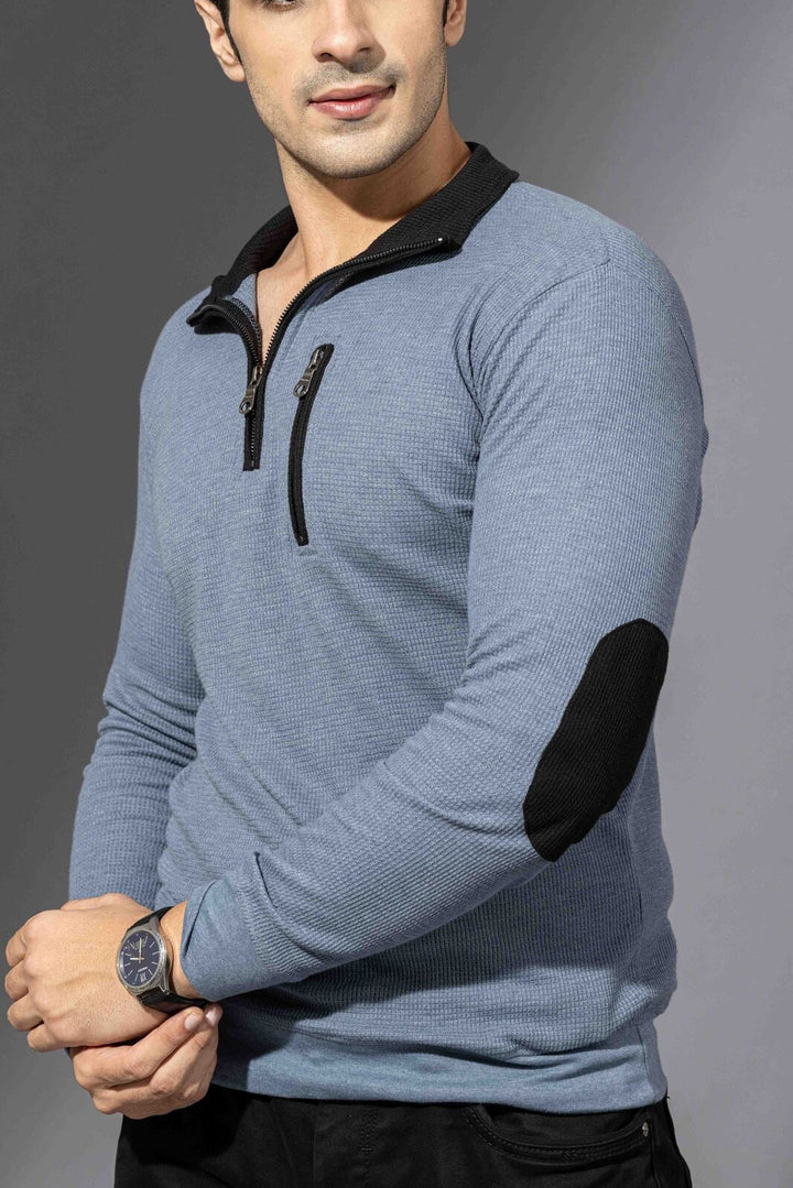 Blue Self Design Zipper Collar T-Shirt