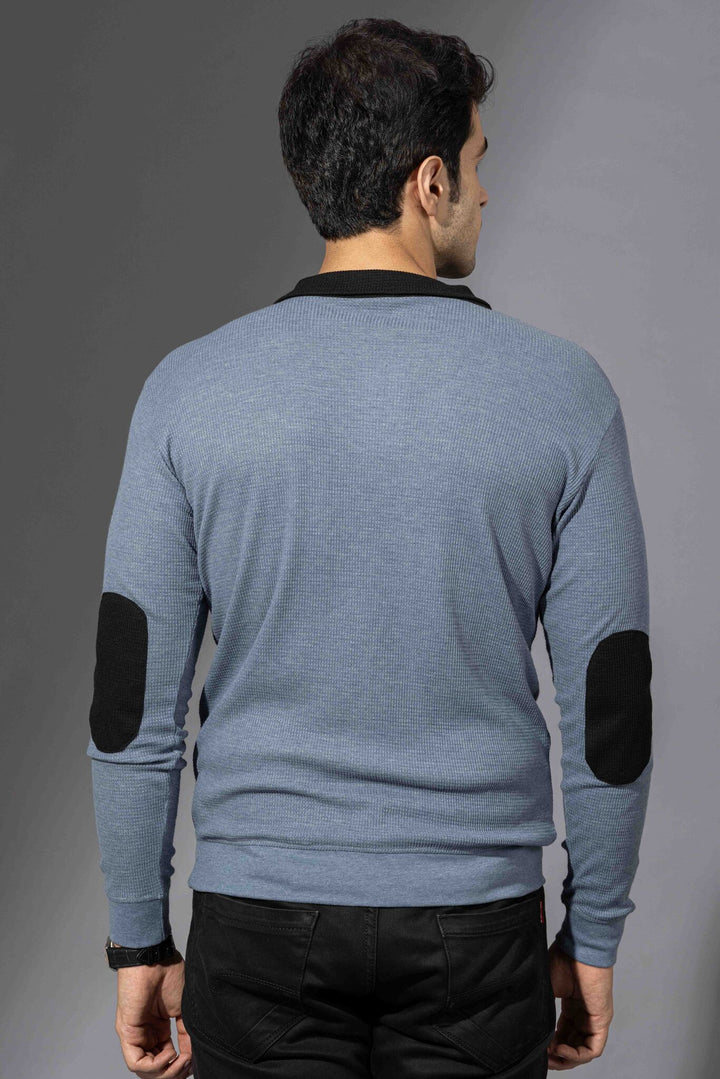 Blue Self Design Zipper Collar T-Shirt