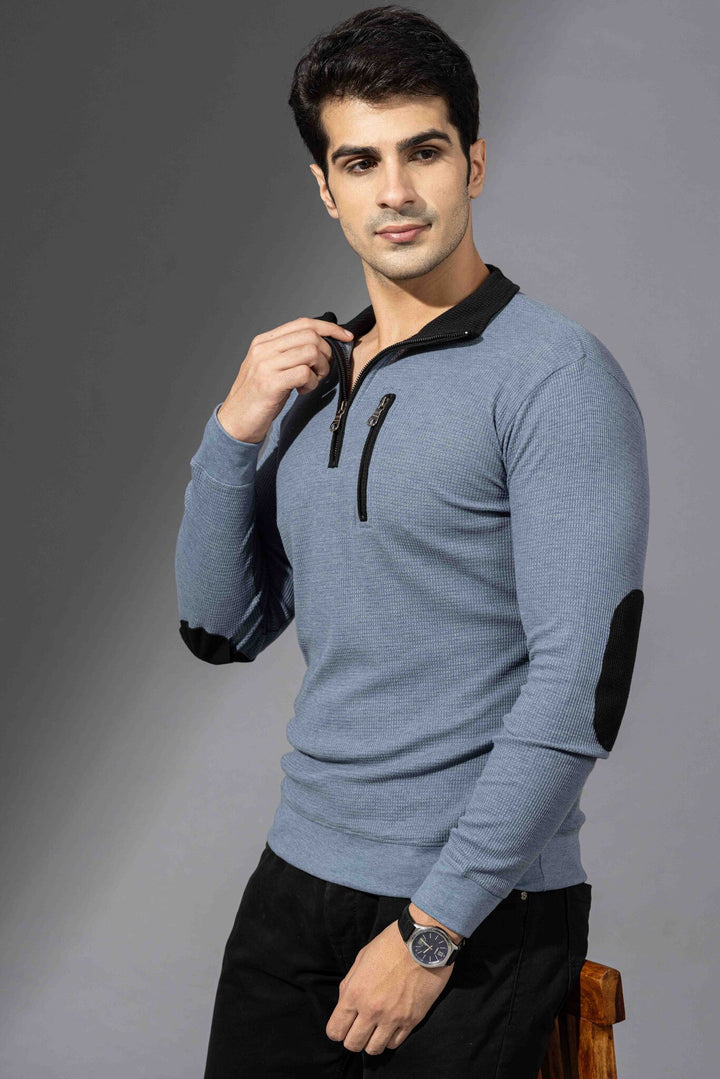 Blue Self Design Zipper Collar T-Shirt