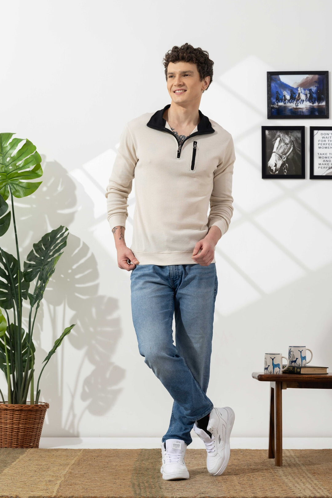 Cream Self Design Zipper Collar T-Shirt