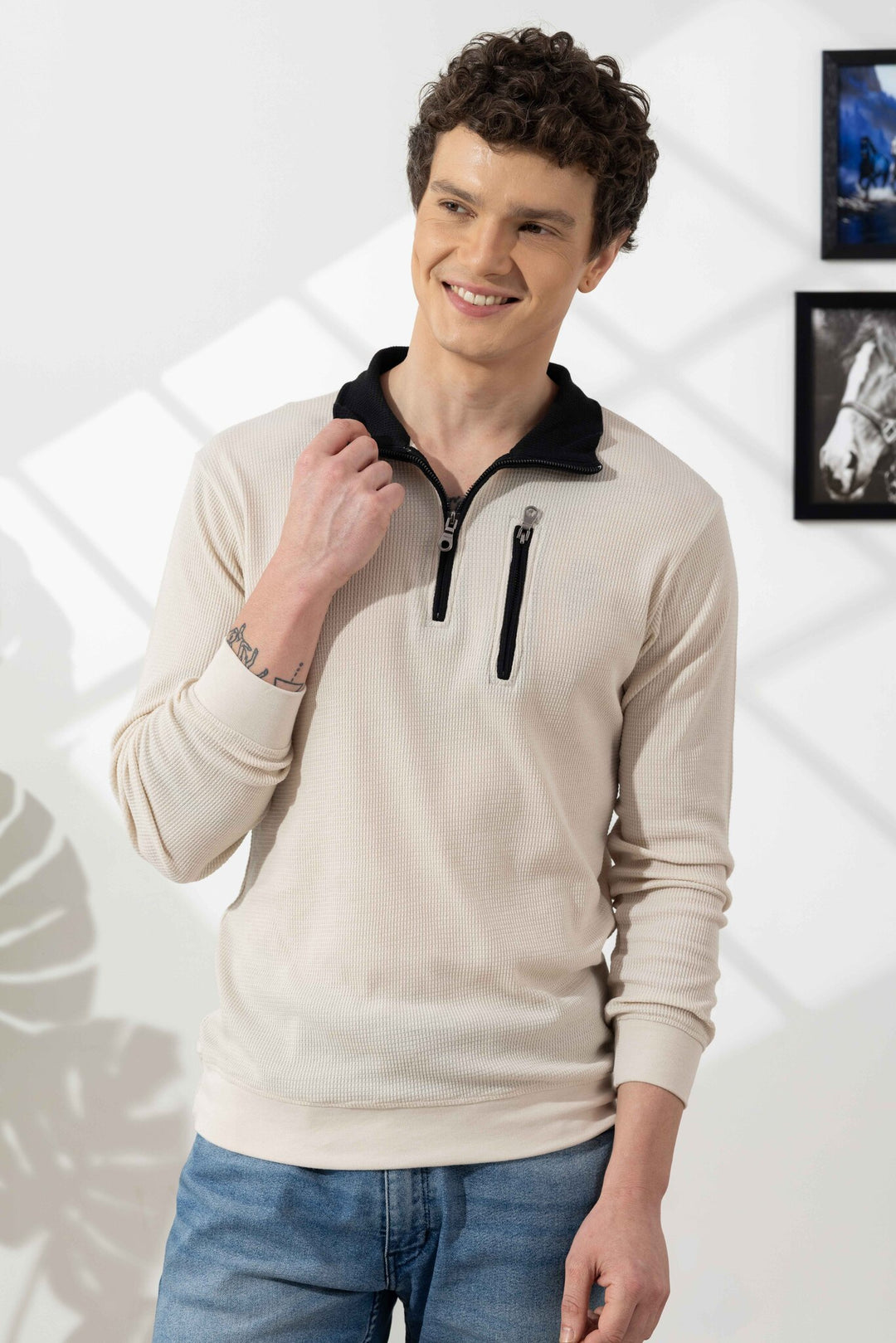 Cream Self Design Zipper Collar T-Shirt