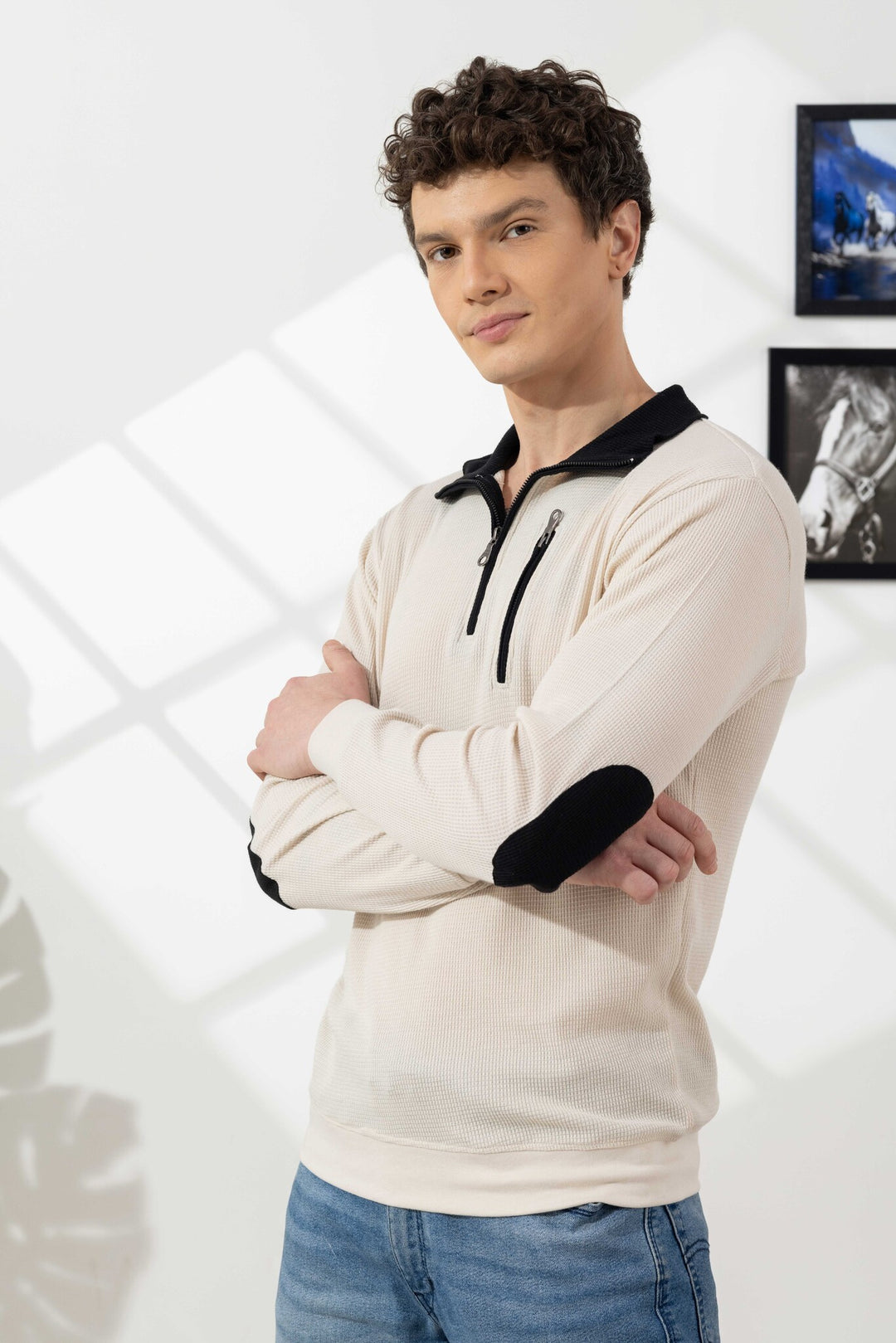 Cream Self Design Zipper Collar T-Shirt