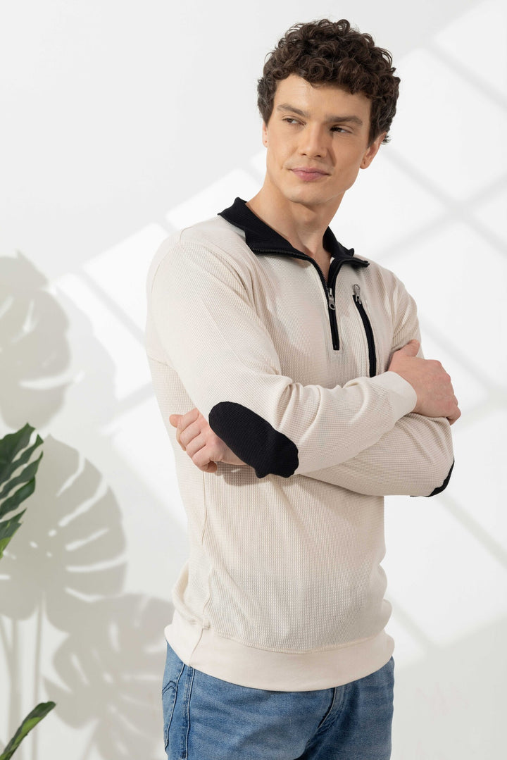 Cream Self Design Zipper Collar T-Shirt