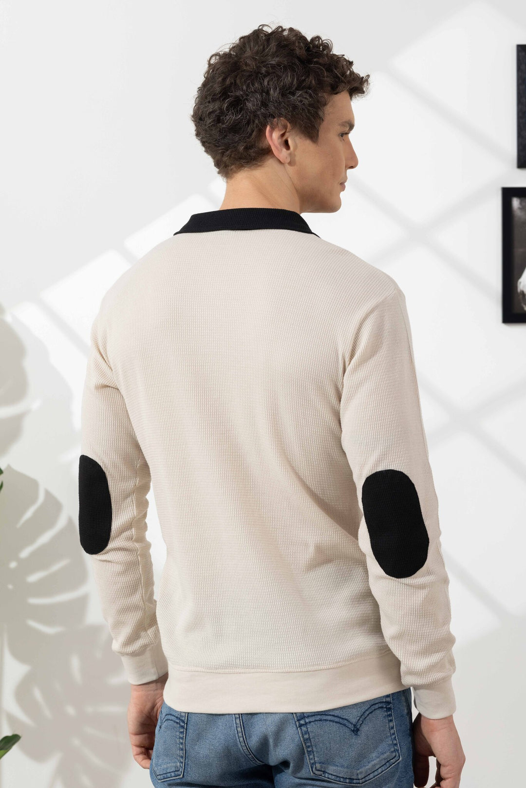 Cream Self Design Zipper Collar T-Shirt