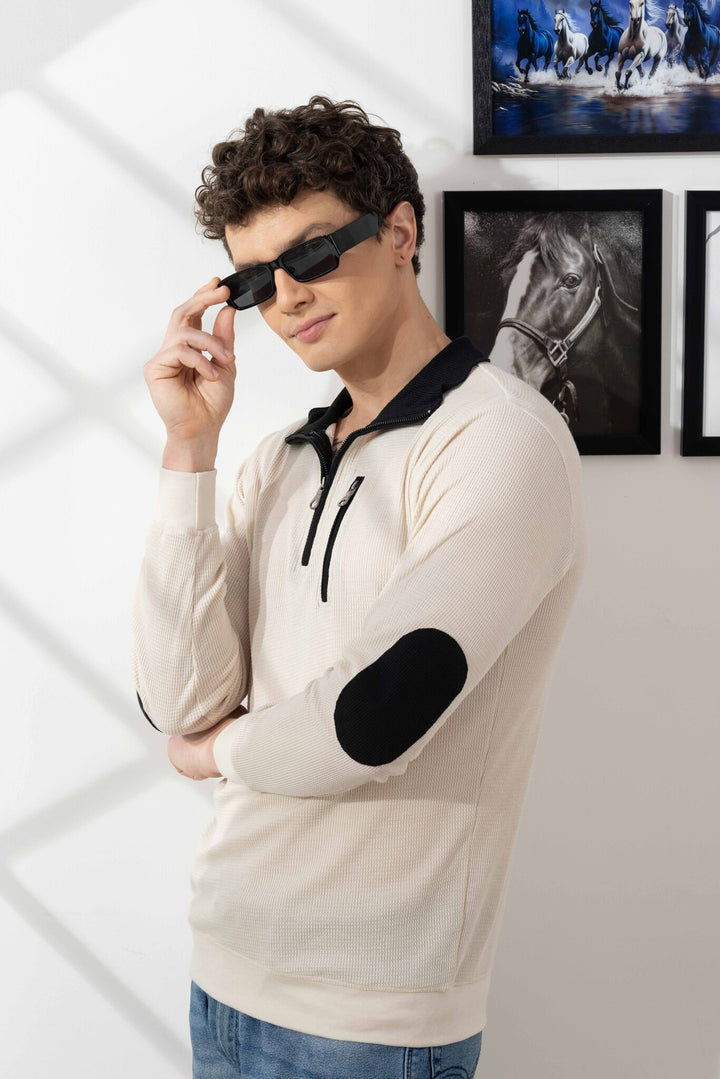 Cream Self Design Zipper Collar T-Shirt